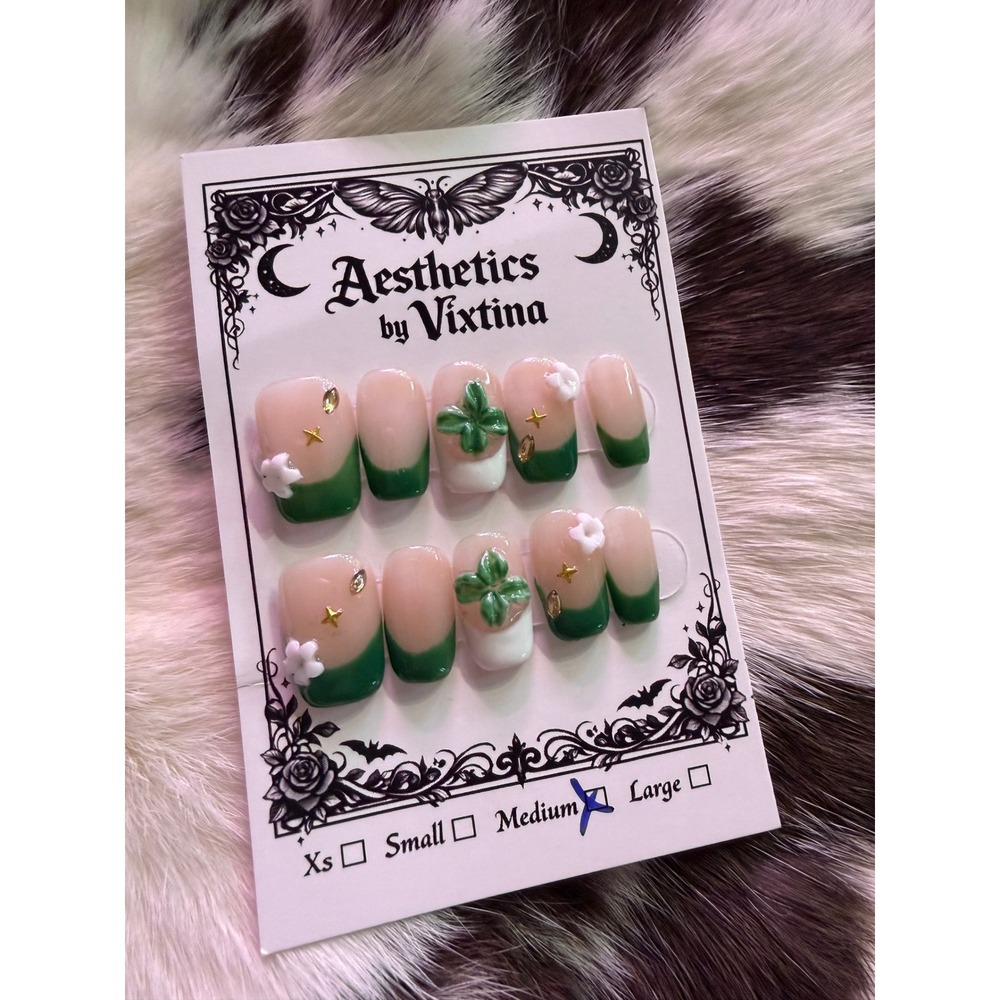 Aesthetics by Vixtina Premium Press On Nails Green French Tip 3D Floral Medium
